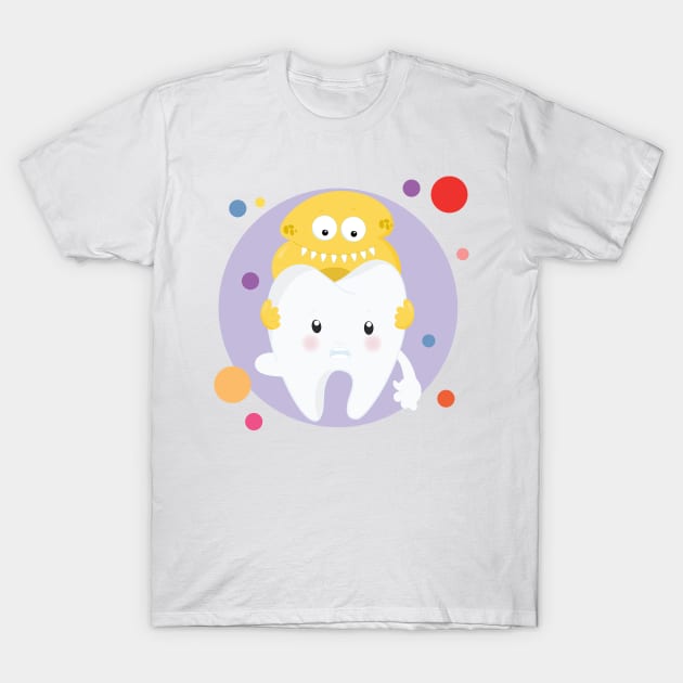 Tooth With Bacteria Cute Kawaii Design T-Shirt by The Little Store Of Magic